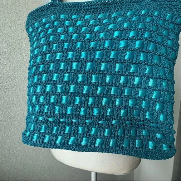 Handbag Shoulder Bag Turquoise Blue Braided Ribbon Weave - Picture 6 of 10